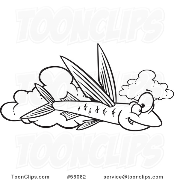 Cartoon Outline Flying Fish over Clouds