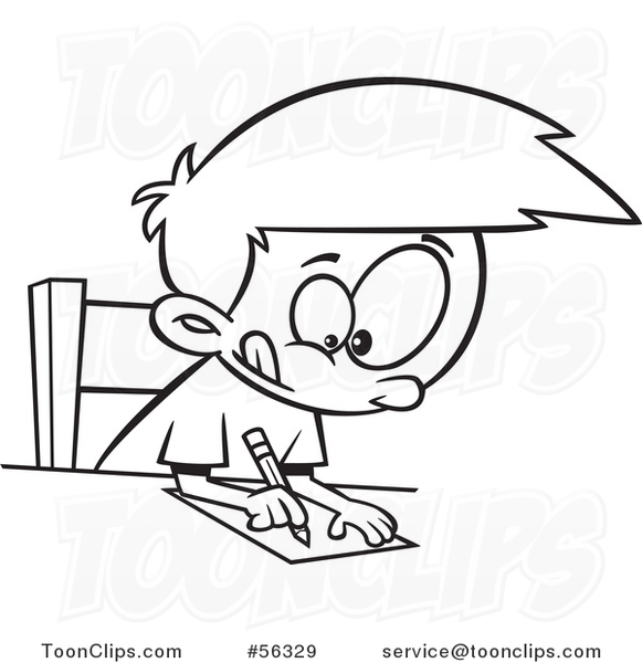 cartoon outline focused boy writing at a desk by toonaday 56329