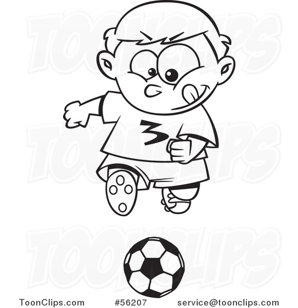 Cartoon Outline Focused Sporty Boy Playing Soccer