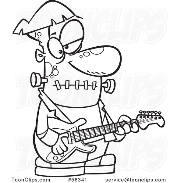 Cartoon Outline Frankenstein Playing a Guitar