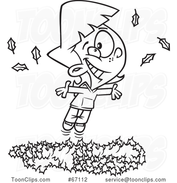 Cartoon Outline Girl Playing in a Pile of Autumn Leaves