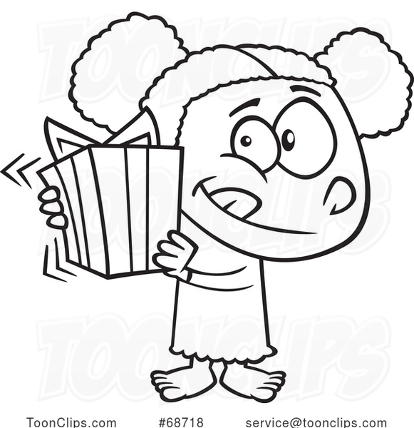 Cartoon Outline Girl Shaking a Gift