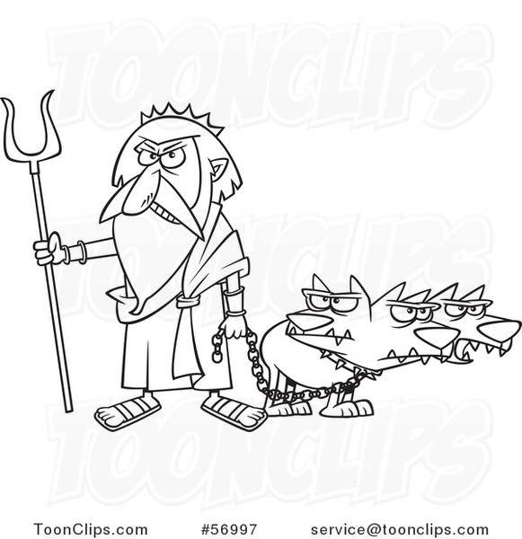 Cartoon Outline Greek God, Hades, with His Three Headed Dog, Cerberus