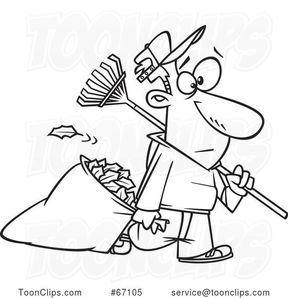 Cartoon Outline Guy Carrying a Rake and Pulling Al Leaf Bag