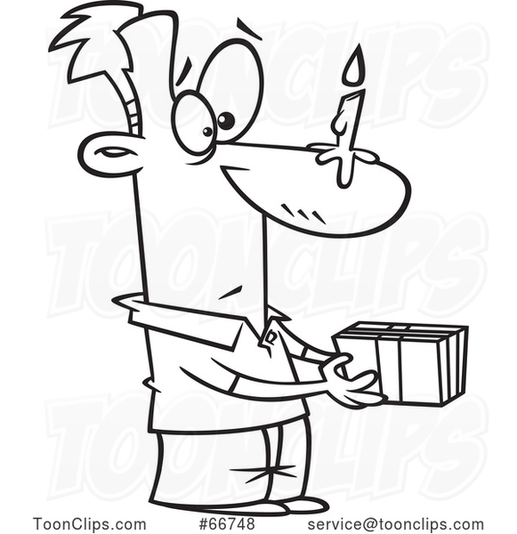 Cartoon Outline Guy Holding a Gift, with a Birthday Candle on His Nose