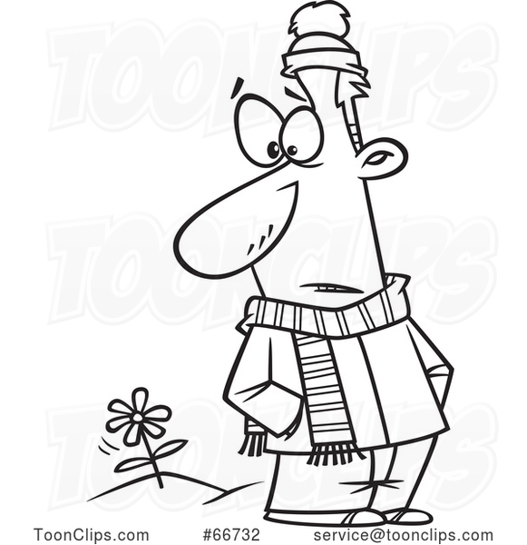 Cartoon Outline Guy in Winter Clothes, Seeing a Spring Flower