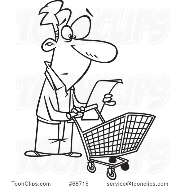 Cartoon Outline Guy Reading a Shopping List