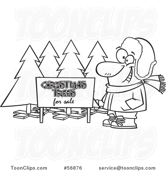 Cartoon Outline Guy Selling Christmas Trees at a Lot
