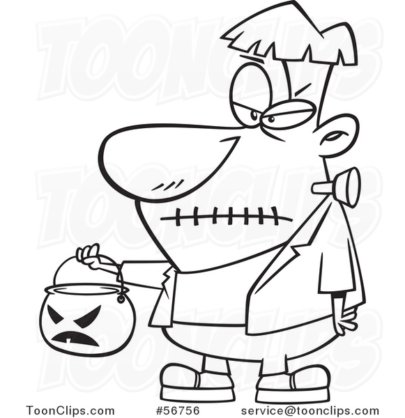 Cartoon Outline Halloween Frankenstein Trick or Treating with a Pumpkin Basket