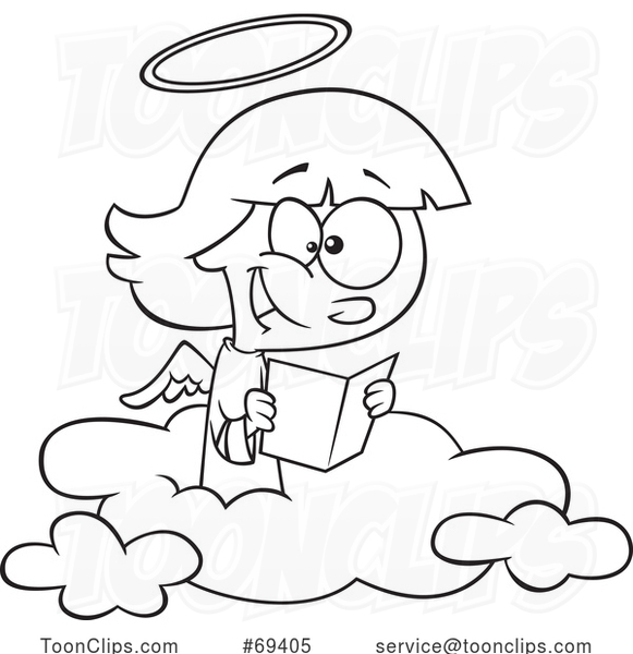 Cartoon Outline Happy Angel Girl Reading on a Cloud