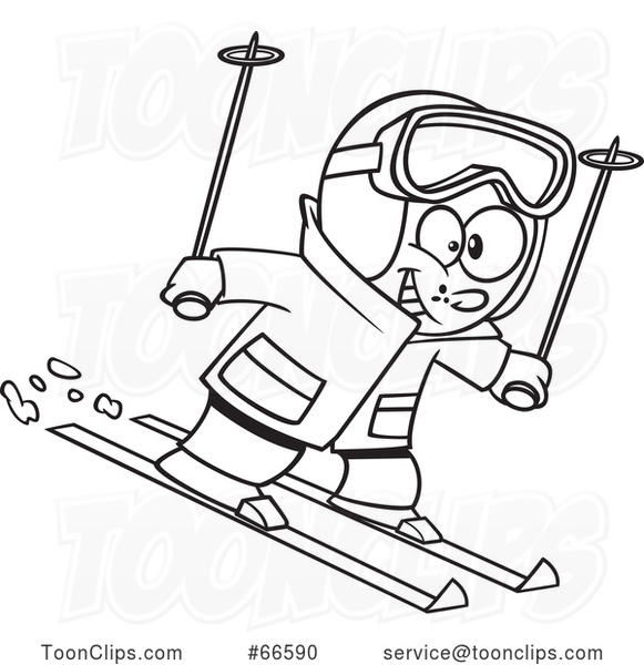 Cartoon Outline Happy Boy Skiing