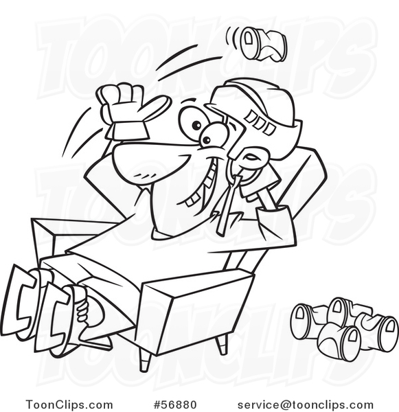 Cartoon Outline Hockey Player or Fan Sitting in a Chair and Tossing Back Beer Cans