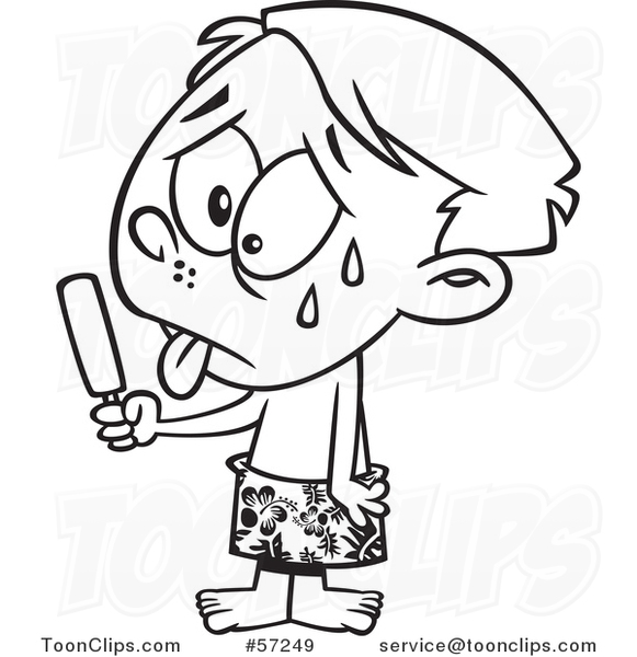 Cartoon Outline Hot Sweaty Boy Eating a Popsicle #57249 by Ron Leishman