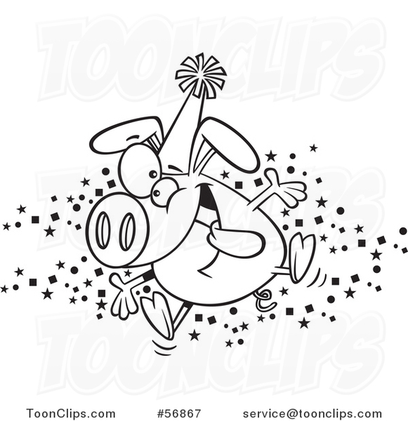 Cartoon Outline Hyper Pig Wearing a Party Hat and Celebrating the New Year