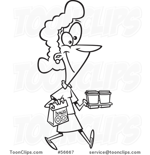 Cartoon Outline Lady Carrying Coffee and Donuts