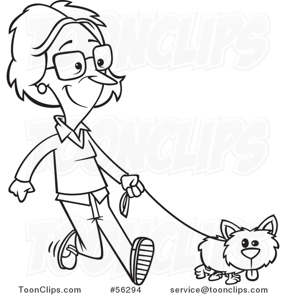 Cartoon Outline Lady Happily Walking Her Little Dog