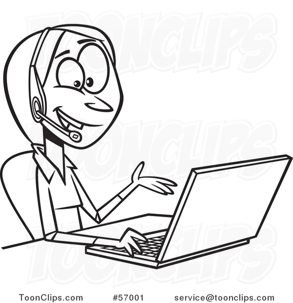 Cartoon Outline Lady Working on a Laptop and Offering Tech or Customer Service Support