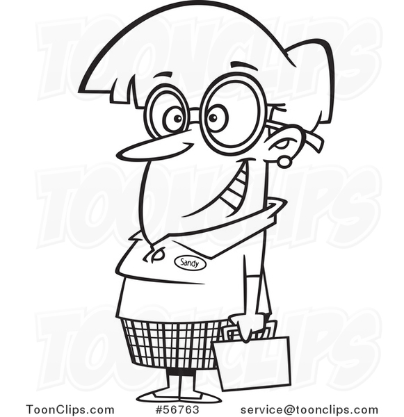 Cartoon Outline Nerdy Lady with Big Glasses, Holding a Briefcase