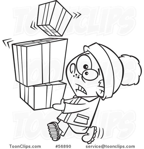 Cartoon Outline Nervous Boy Carrying a Shaky Stack of Christmas Gifts