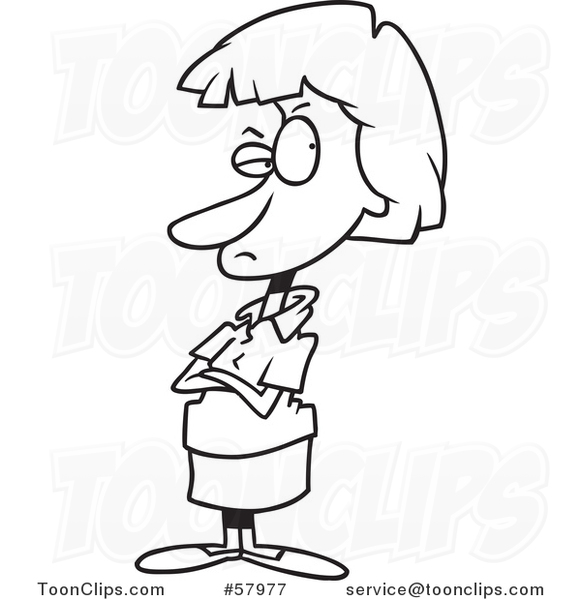 Cartoon Outline of Annoyed, Frustrated or Stubborn Lady with Folded Arms