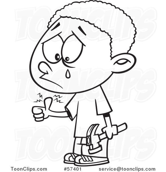 Cartoon Outline of Black Boy Crying After Banging His Thumb with a Hammer
