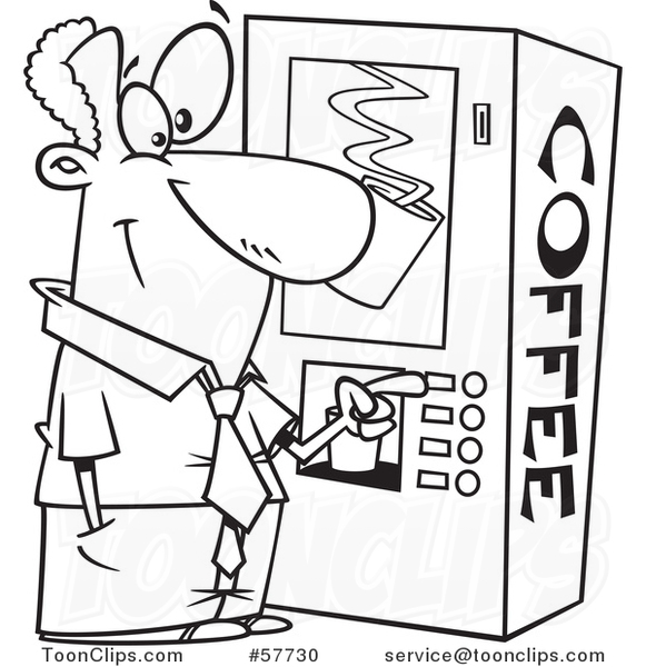 Cartoon Outline of Black Businessman Using a Coffee Machine at Break Time