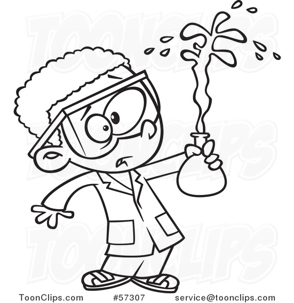 Cartoon Outline of Black School Boy Holding a Bad Chemistry Mix in Science  Class #57307 by Ron Leishman