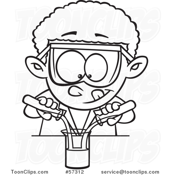 Cartoon Outline of Black School Boy Mixing Chemicals in Science Class