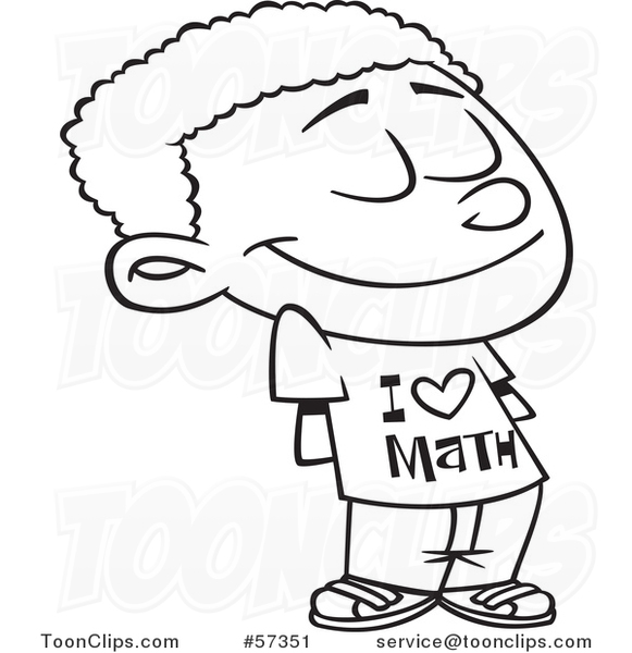 Cartoon Outline of Black School Boy Wearing an I Love Math Shirt