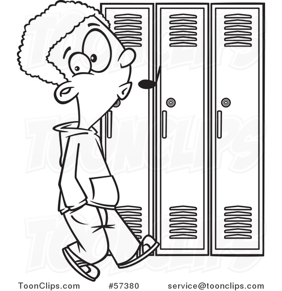 Cartoon Outline of Black School Boy Whistling and Sneaking Around Lockers