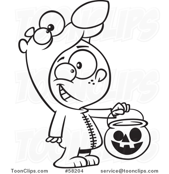 Cartoon Outline of Boy in a Bear Halloween Costume, Holding out a Trick or Treat Pumpkin Bucket