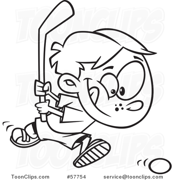 Cartoon Outline of Boy Playing Floor Hockey
