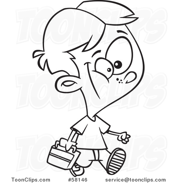 Cartoon Outline of Boy Walking with a Lunch Box