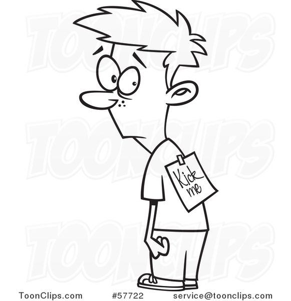 Cartoon Outline of Bullied Boy with a Kick Me Sign on His Back