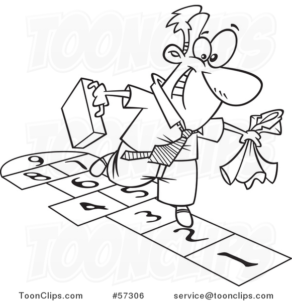 Cartoon Outline of Business Man Playing Hopscotch