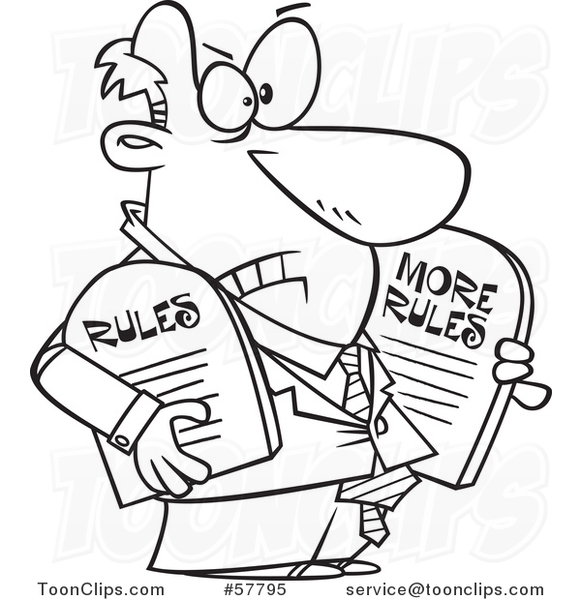 Cartoon Outline of Businessman Carrying More Rules Tablets