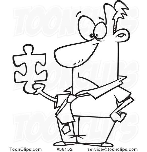 Cartoon Outline of Businessman Holding a Puzzle Piece