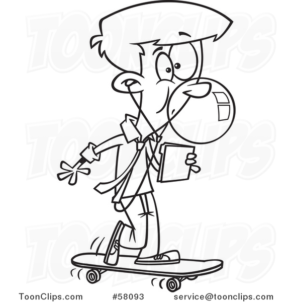 Cartoon Outline of Businessman Office Intern on a Skateboard