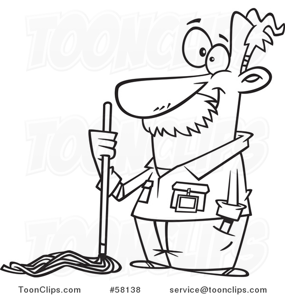 Cartoon Outline of Caretaker or Janitor Custodian Guy with a Mop