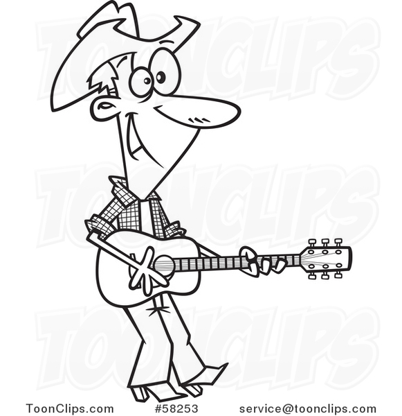 Cartoon Outline of Country Singer Cowboy Playing a Guitar #58253 by Ron ...