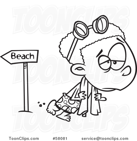 Cartoon Outline of Depressed Boy Leaving the Beach After Summer Vacation
