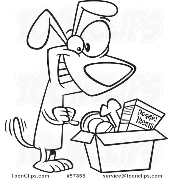 Cartoon Outline of Dog Wagging His Tail and Looking in a Surprise Box