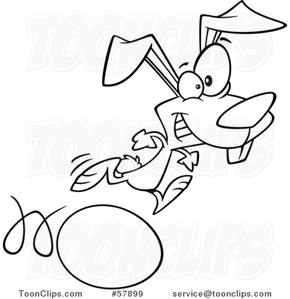 Cartoon Outline of Easter Bunny Running on and Rolling an Egg