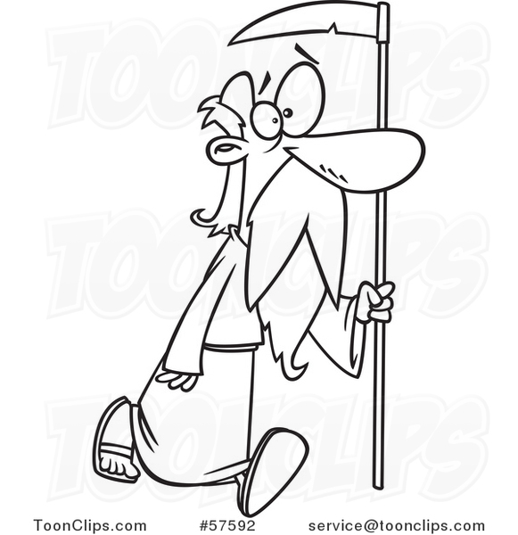 Cartoon Outline of Father Time Walking with a Scythe