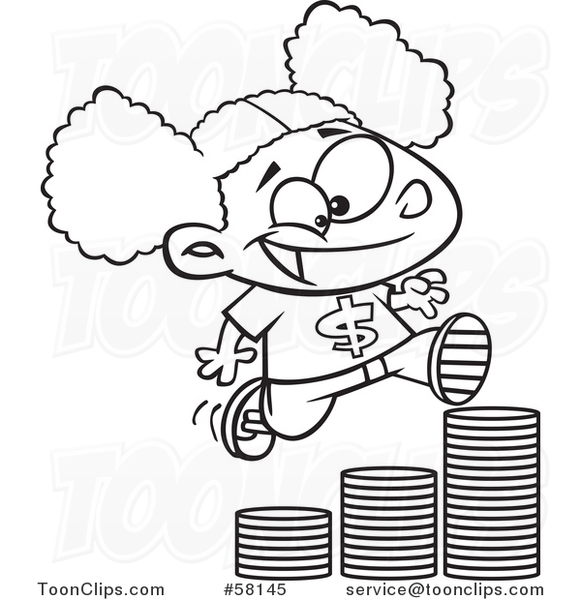 Cartoon Outline of Girl Running up a Stack of Coins