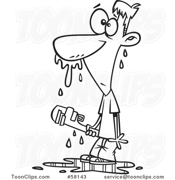 Cartoon Outline of Guy Covered in Water After Trying to Fix a Plumbing Problem Himself