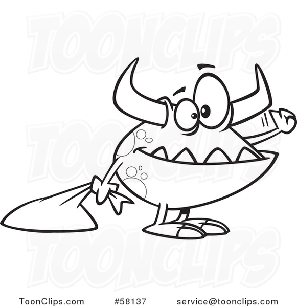 Cartoon Outline of Halloween Trick or Treating Monster Knocking