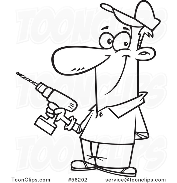 Cartoon Outline of Handyman Holding a Cordless Drill