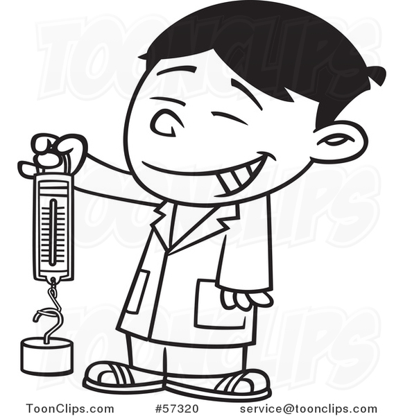 Cartoon Outline of Happy Asian School Boy Holding a Spring Scale