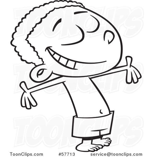 Cartoon Outline of Happy Black Boy in Swim Trunks, Soaking in the Summer Sunshine